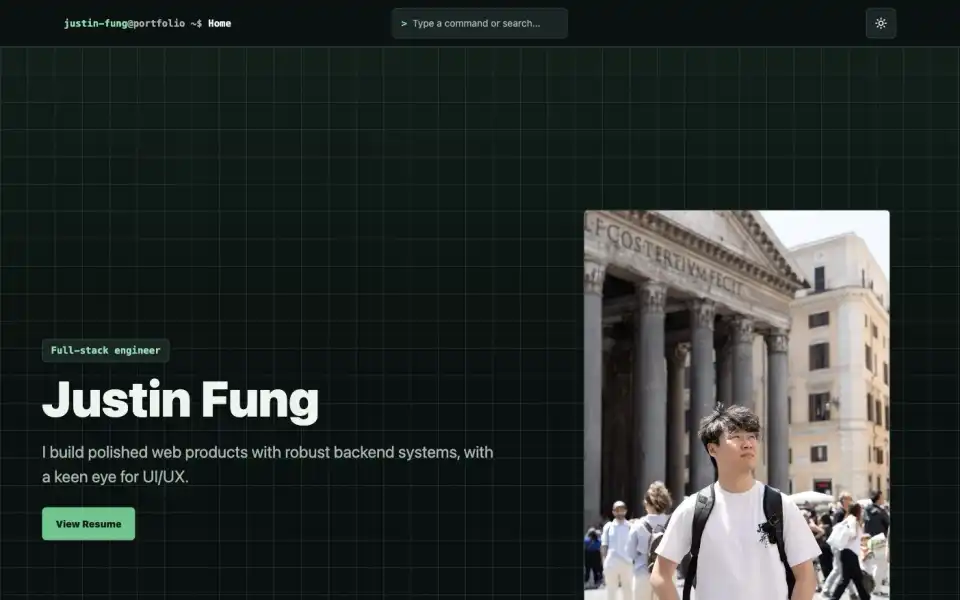 Portfolio homepage screenshot showing the command navigation, hero copy, and portrait